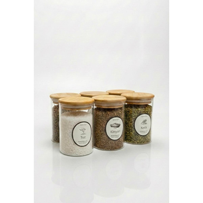 Vienev 6'lı Set Bambu Kapaklı Cam Kavanoz 280 Ml - Etiketli Baharat Düzenleyici Saklama Kabı (6,5x10 Cm)