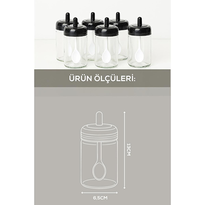 Vienev Siyah Serigrafi Etiketli 6'lı Kendinden Kaşıklı Cam Baharatlık Uzun