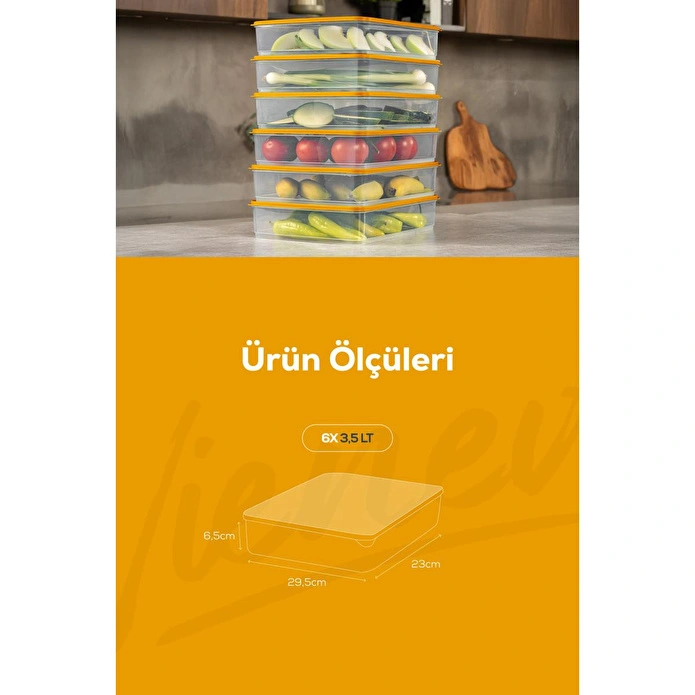 Vienev 6'lı 3,5 Litre Buzdolabı Dondurucu Organizer Mikrodalga Ve Difrize Uygun Saklama Kabı Turuncu