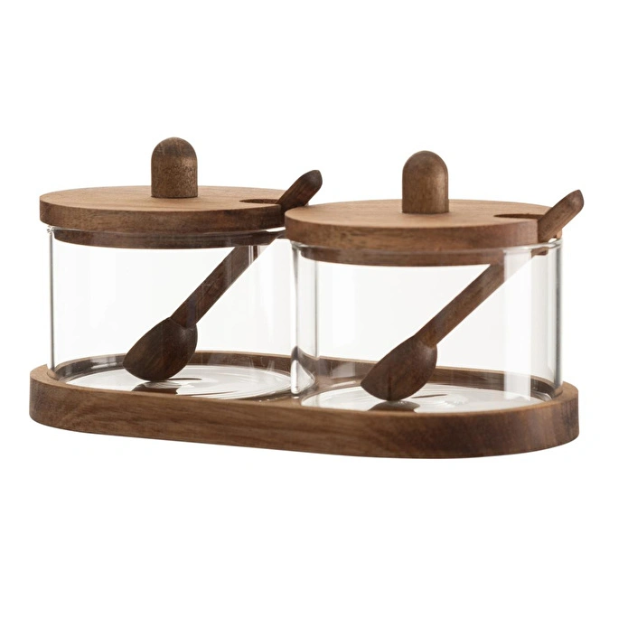 Mudo Home Akasya Standli Kapakli Kaşikli İki̇li̇ Baharatlik