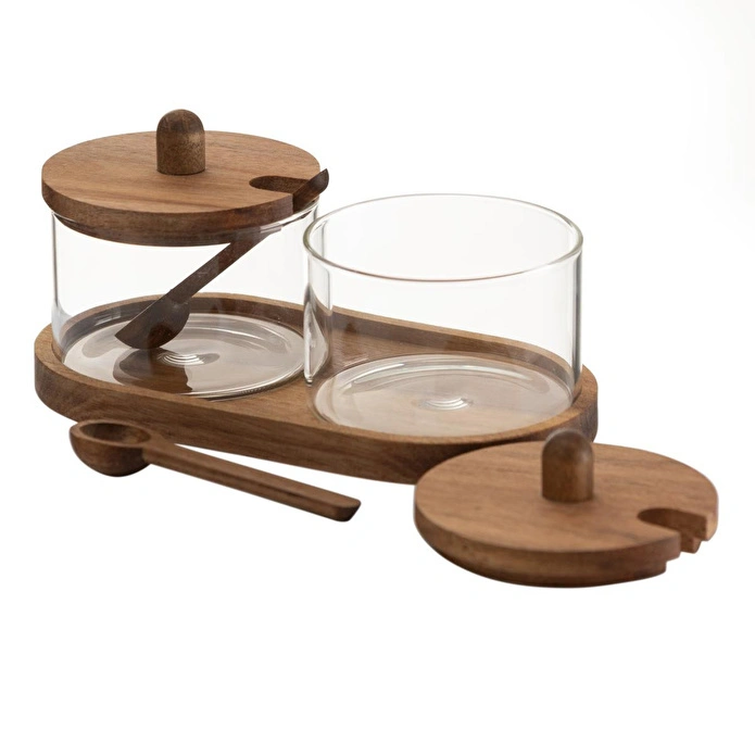 Mudo Home Akasya Standli Kapakli Kaşikli İki̇li̇ Baharatlik