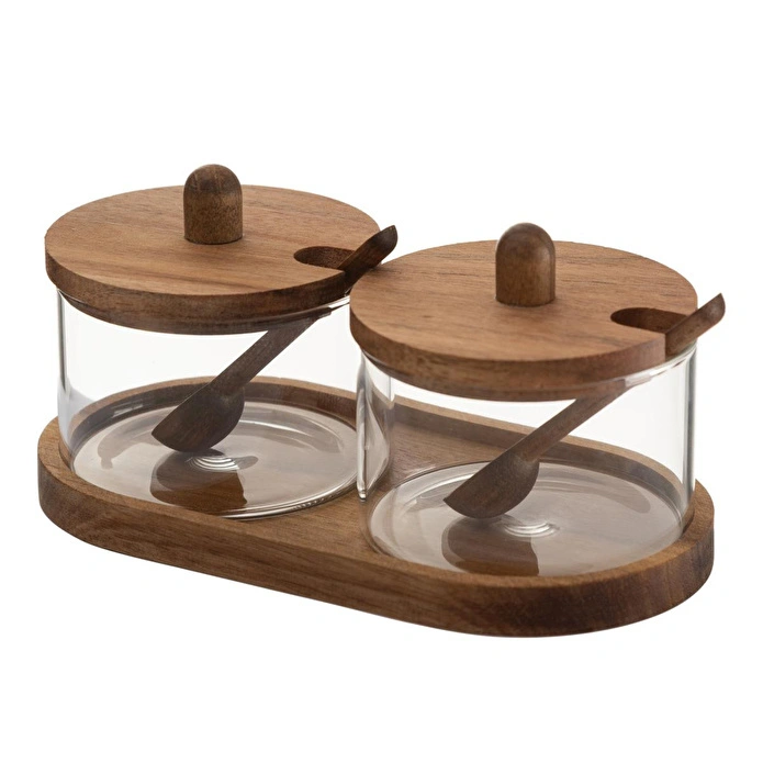 Mudo Home Akasya Standli Kapakli Kaşikli İki̇li̇ Baharatlik