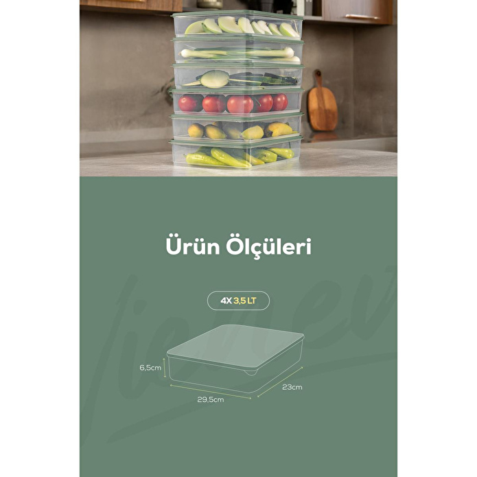 Vienev 4'lü 3,5 Litre Buzdolabı Dondurucu Organizer Mikrodalga Ve Difrize Uygun Saklama Kabı Yeşil