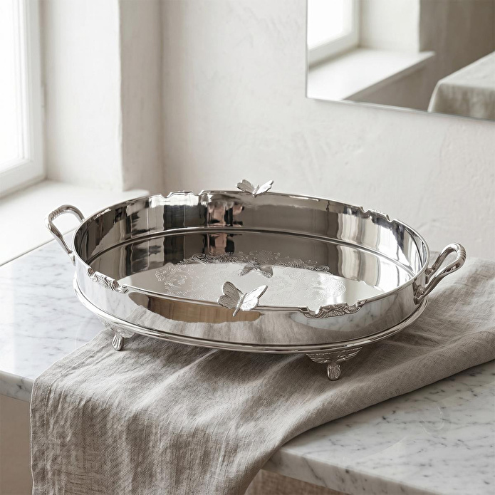 Lucky Art Kelebek Detaylı Ayaklı Paslanmaz Çelik Elips Tepsi 44 Cm