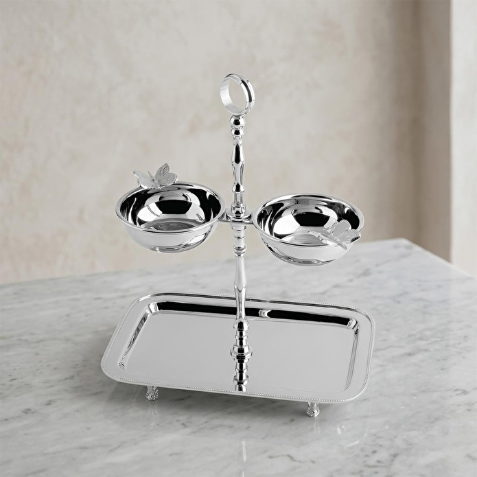 Lucky Art Kelebek Detaylı Katlı Çelik Tepsi Ve Çerezlik Seti