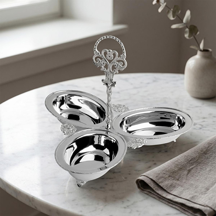 Lucky Art Dekoratif Pirinç İşlemeli Paslanmaz Çelik Lüks 3lü Çerezlik