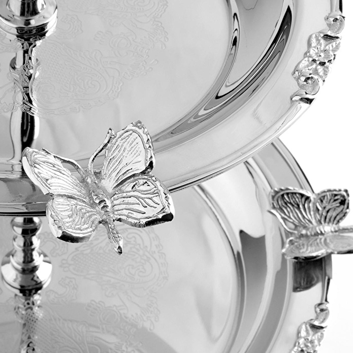 Lucky Art Kelebek Detaylı Paslanmaz Çelik Çift Katlı Sunumluk 26 Cm