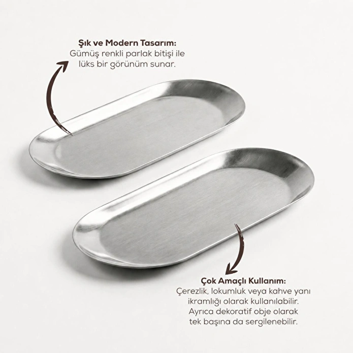 Vienev 2’li Gümüş Renk Metal Oval Kayık Tabak Seti - Sunum Ve Çerezlik Tabağı