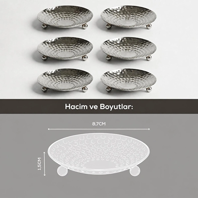 Vienev 6'lı Gümüş Renk Metal Mini Lokumluk - Dövme Desenli Sunum Tabağı