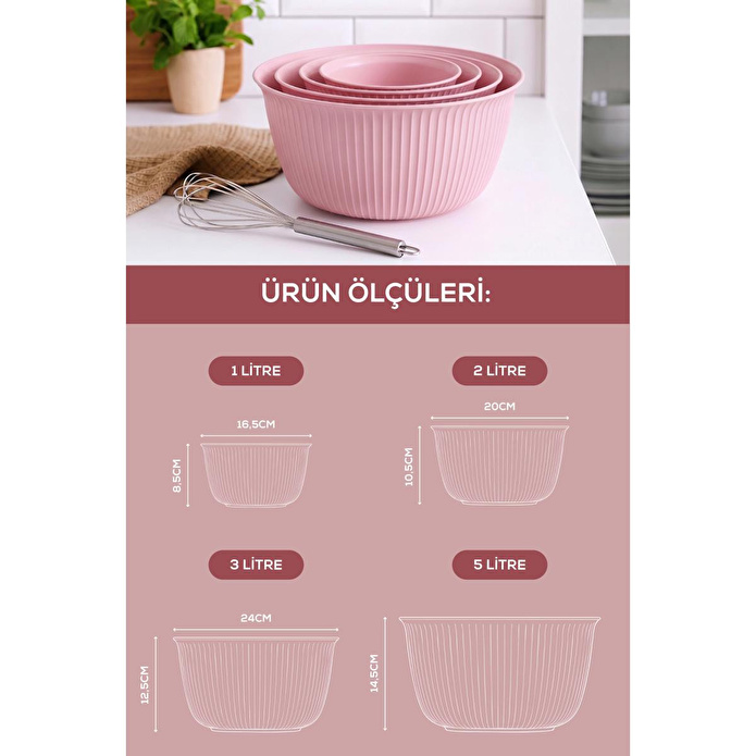 Vienev 4'lü Mega Boy Plastik Karıştırma Ve Saklama Kase Seti Pembe | 1l, 2l, 3l, 5l