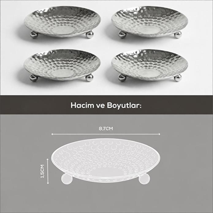 Vienev 4'lü Gümüş Renk Metal Mini Lokumluk - Dövme Desenli Sunum Tabağı