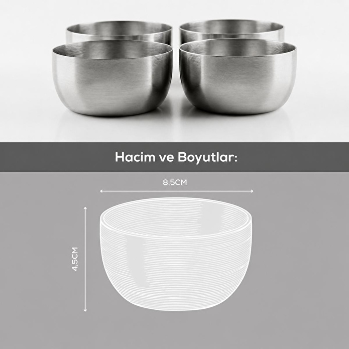 Vienev 4'lü Gümüş Renk Metal Çerezlik, Sosluk - 200 Ml Sunum Kasesi