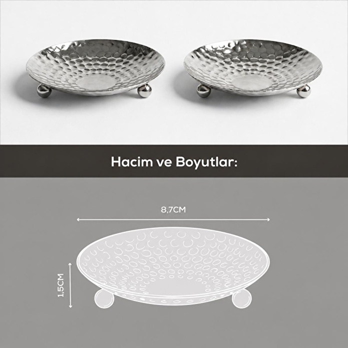 Vienev 2'li Gümüş Renk Metal Mini Lokumluk - Dövme Desenli Sunum Tabağı