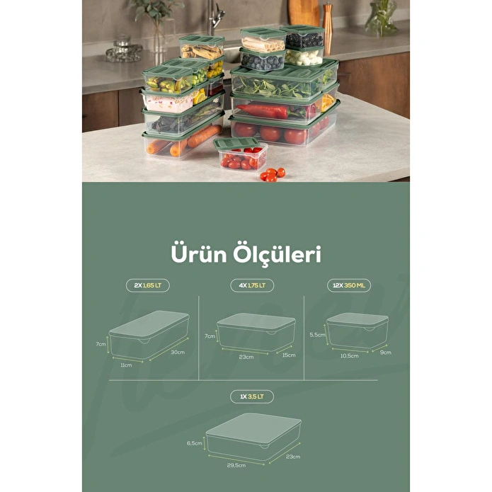 Vienev 19'lu Buzdolabı Dondurucu Organizer Ve Saklama Kabı Yeşil 12x(350ml) 4x(1,75lt) 2x(1,65lt) 1x(3,5lt)