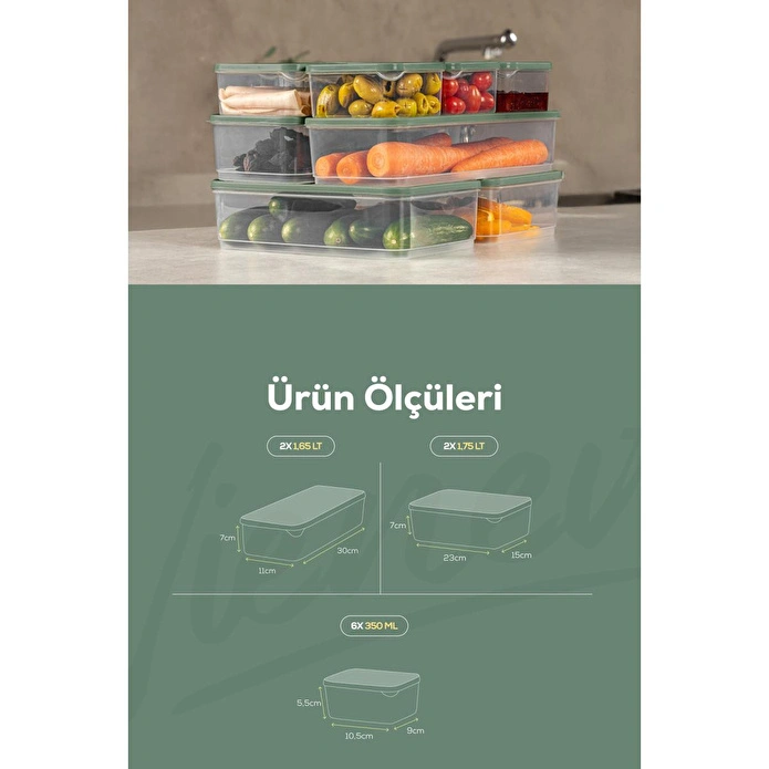 Vienev 10'lu Buzdolabı Dondurucu Organizer Ve Saklama Kabı Yeşil 6x(350ml) 2x(1,65lt) 2x(1,75lt)