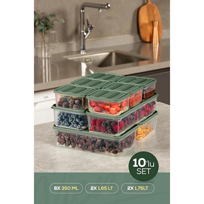 Vienev 10'lu Buzdolabı Dondurucu Organizer Ve Saklama Kabı Yeşil 6x(350ml) 2x(1,65lt) 2x(1,75lt)
