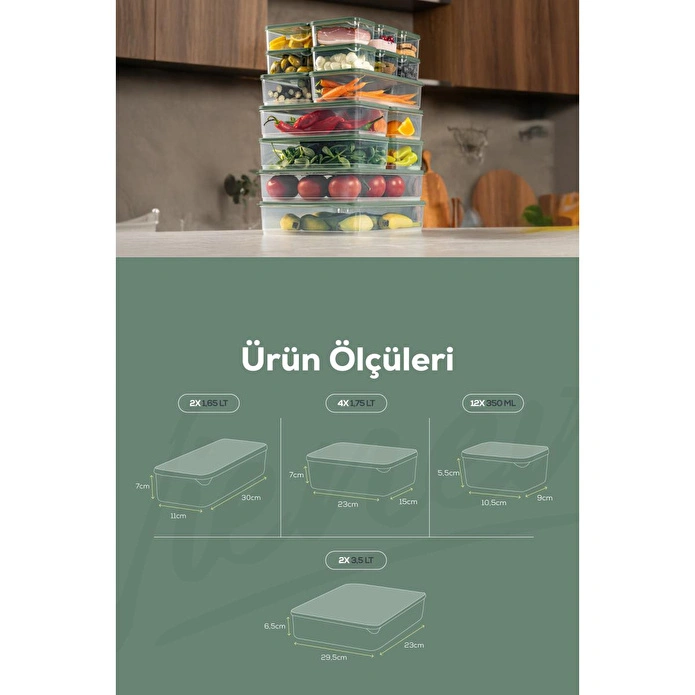 Vienev 20'li Buzdolabı Dondurucu Organizer Ve Saklama Kabı Yeşil 12x(350ml) 4x(1,75lt) 2x(1,65lt) 2x(3,5lt)