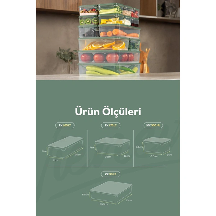 Vienev 18'li Buzdolabı Dondurucu Organizer Ve Saklama Kabı Yeşil 12x(350ml) 2x(1,65lt) 2x(1,75lt) 2x(3,5lt)