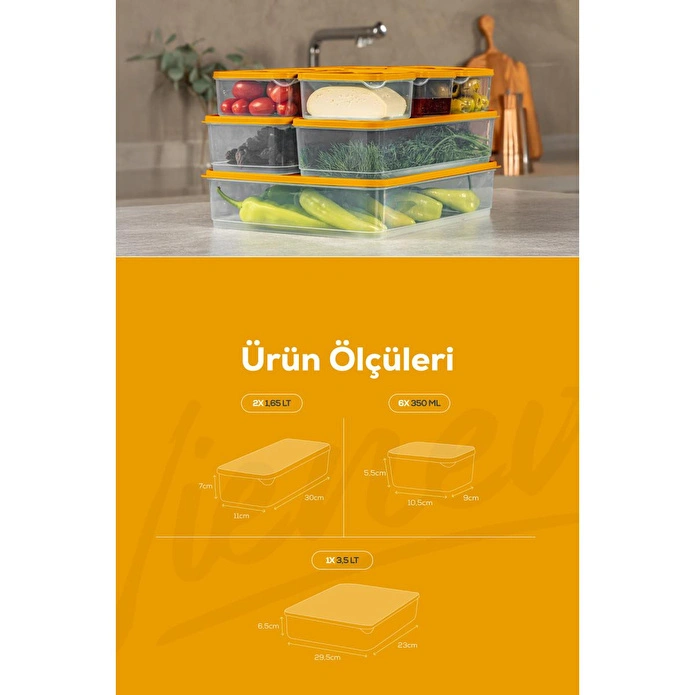 Vienev 9'lu Buzdolabı Dondurucu Organizer Ve Saklama Kabı Turuncu 6x(350ml) 2x(1,65lt) 1x(3,5lt)