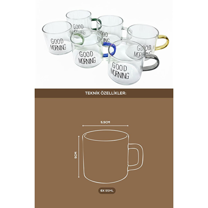 Vienev Renkli Kulplu 6'lı Good Morning Yazılı Cam Espresso Bardağı Seti - 95 Ml