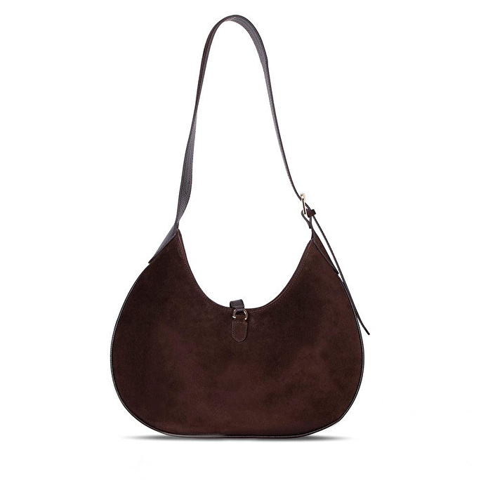 Bloominbag Crescente Walnut Suede Hakiki Deri Kadın Yarım Ay Formlu, El Yapımı Omuz Çantası