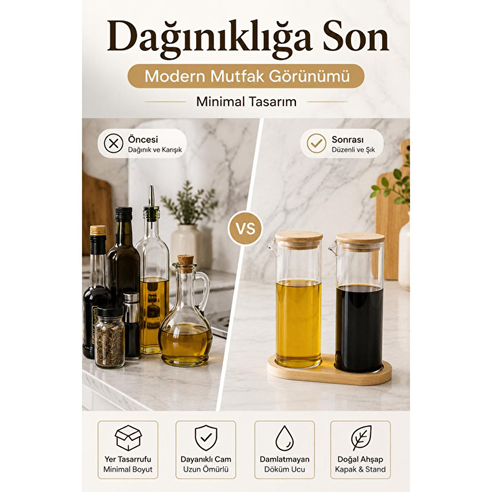 Vienev Ahşap Standlı 2'li Cam Yağdanlık Sirkelik Seti 400 Ml | Bambu Kapaklı