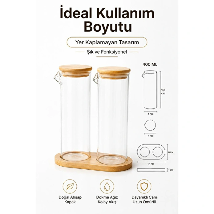 Vienev Ahşap Standlı 2'li Cam Yağdanlık Sirkelik Seti 400 Ml | Bambu Kapaklı