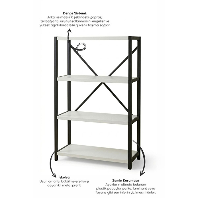 Vienev 4 Raflı Metal Dolap - Metal Ve Ahşap Kitaplık, Mutfak Rafı 120x60 Siyah-beyaz