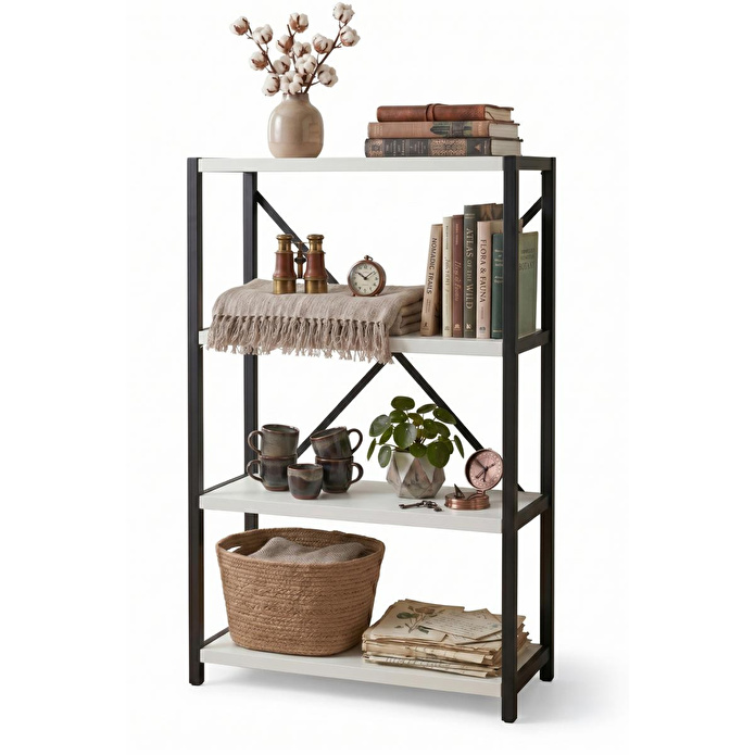 Vienev 4 Raflı Metal Dolap - Metal Ve Ahşap Kitaplık, Mutfak Rafı 120x60 Siyah-beyaz