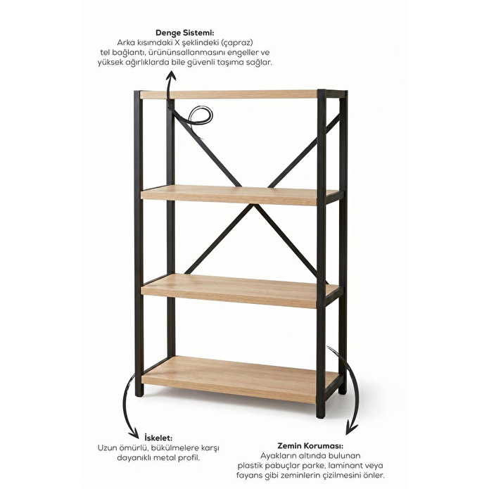 Vienev 4 Raflı Metal Dolap - Metal Ve Ahşap Kitaplık, Mutfak Rafı 120x60 Siyah-ahşap