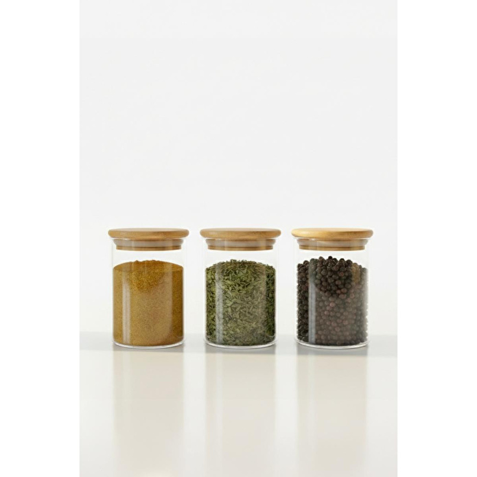 Vienev 3'lü Set Bambu Kapaklı Cam Kavanoz 280 Ml - Erzak Düzenleyici Saklama Kabı (6,5x10cm)