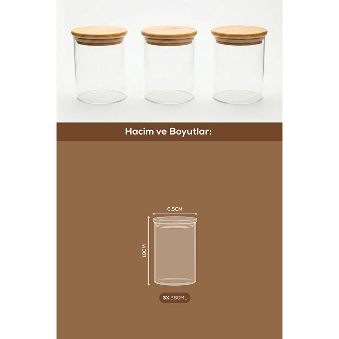 Vienev 3'lü Set Bambu Kapaklı Cam Kavanoz 280 Ml - Erzak Düzenleyici Saklama Kabı (6,5x10cm)