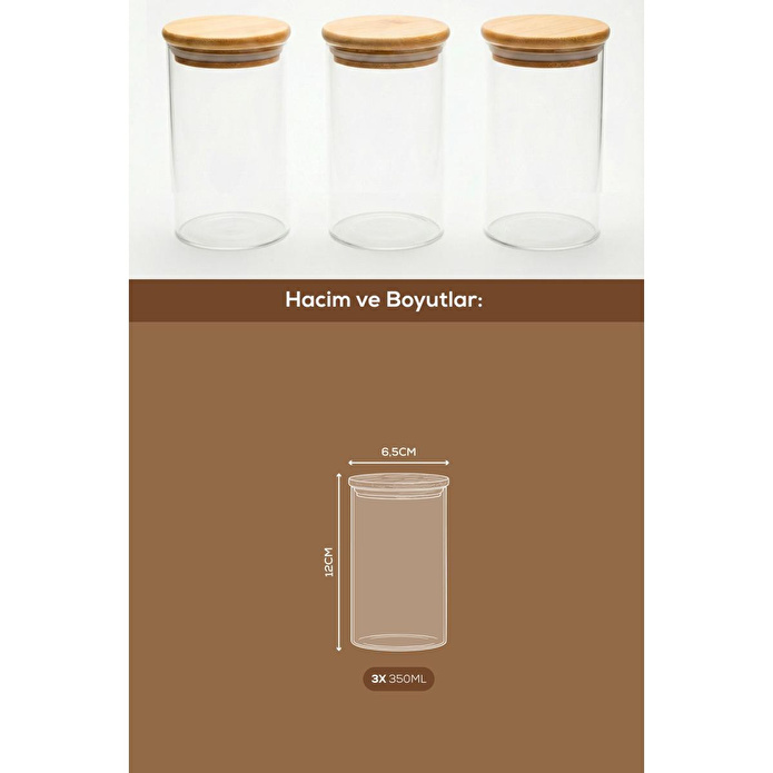 Vienev 3'lü Set Bambu Kapaklı Cam Kavanoz 350 Ml - Erzak Düzenleyici Saklama Kabı (6,5x12 Cm)