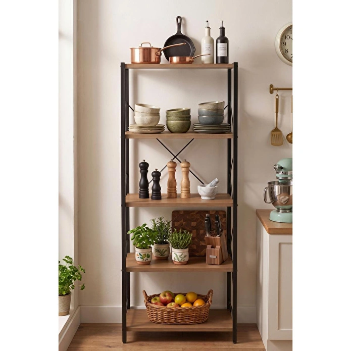 Vienev 5 Raflı Metal Dolap - Metal Ve Ahşap Kitaplık, Mutfak Rafı 150x60 Siyah-ahşap