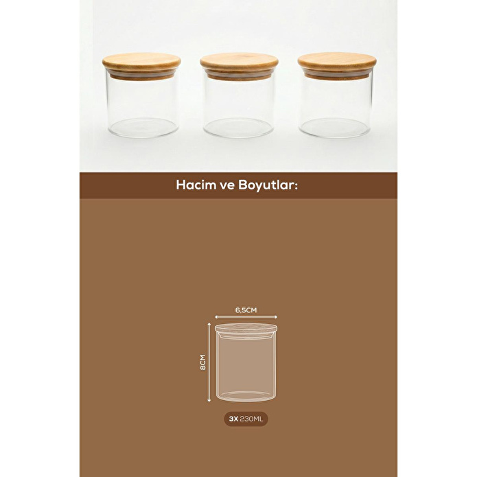 Vienev 3'lü Set Bambu Kapaklı Cam Kavanoz 230 Ml - Erzak Düzenleyici Saklama Kabı (6,5x8cm)