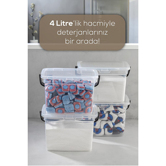 Vienev 4'lü 4 Litre Beyaz Etiketli Toz Tablet Deterjan Saklama Kabı - Deterjan Kutusu Beyaz