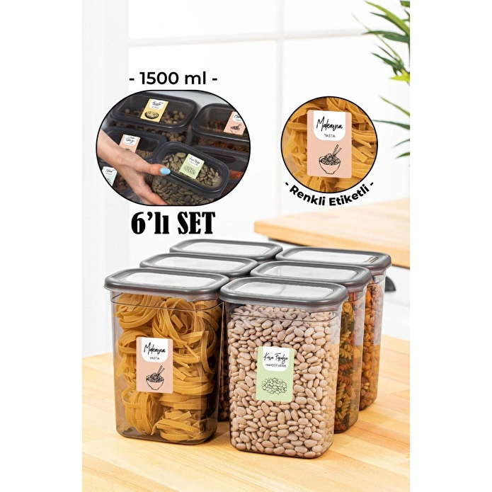 Vienev Renkli Etiketli 6lı Peggy Dikdörtgen Saklama Kabı Seti 1500 Ml Antrasit