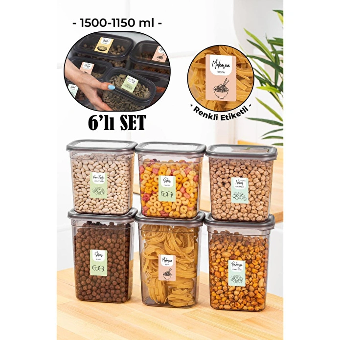 Vienev Renkli Etiketli 6lı Peggy Dikdörtgen Saklama Kabı Seti 3x(1500-1150 Ml) Antrasit