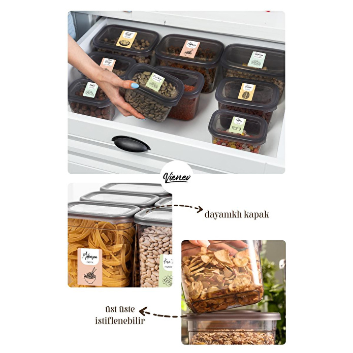 Vienev Renkli Etiketli 6lı Peggy Dikdörtgen Saklama Kabı Seti 3x(1500-1150 Ml) Antrasit