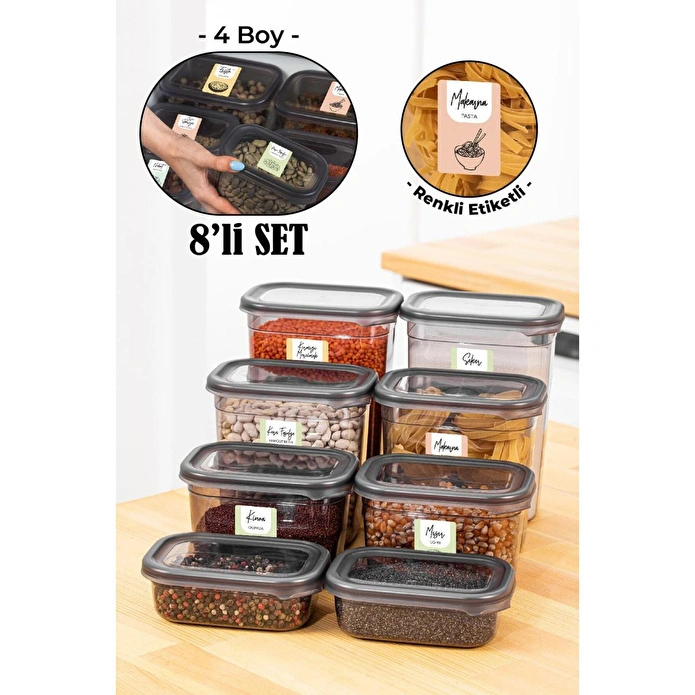 Vienev Renkli Etiketli 8li Peggy Dikdörtgen Saklama Kabı Seti 2x(1500-1150-800-400 Ml) Antrasit