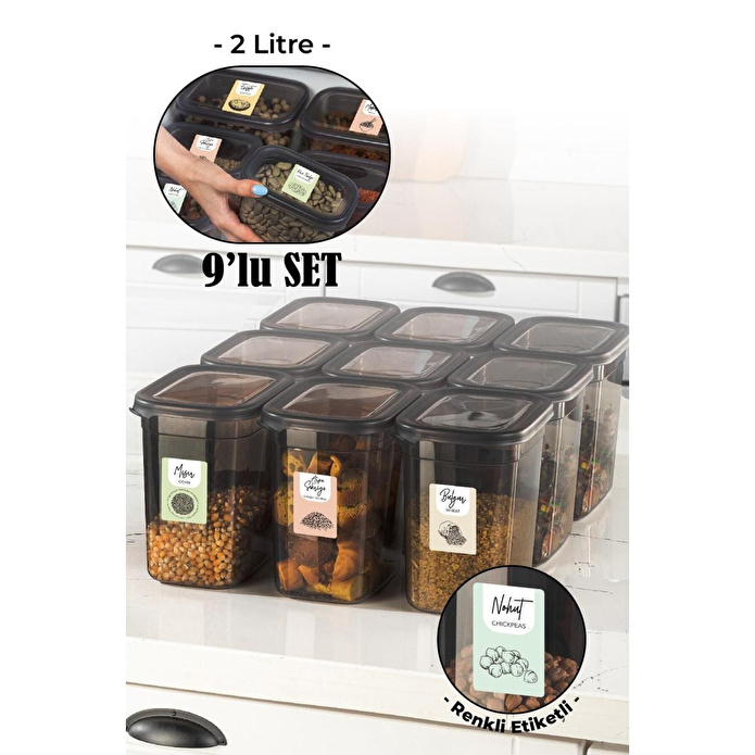 Vienev Renkli Etiketli 9lu Set Peggy Dikdörtgen Saklama Kabı 2 Litre Antrasit