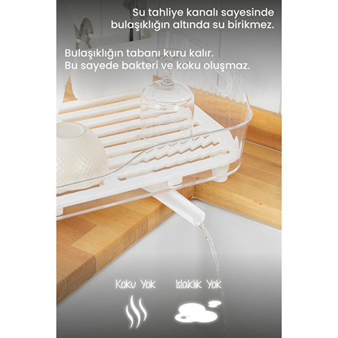 Vienev 32 X 32 Lavabo Kenarı Tezgah Üstü Süzgeçli Bulaşıklık Şeffaf Beyaz Plastik