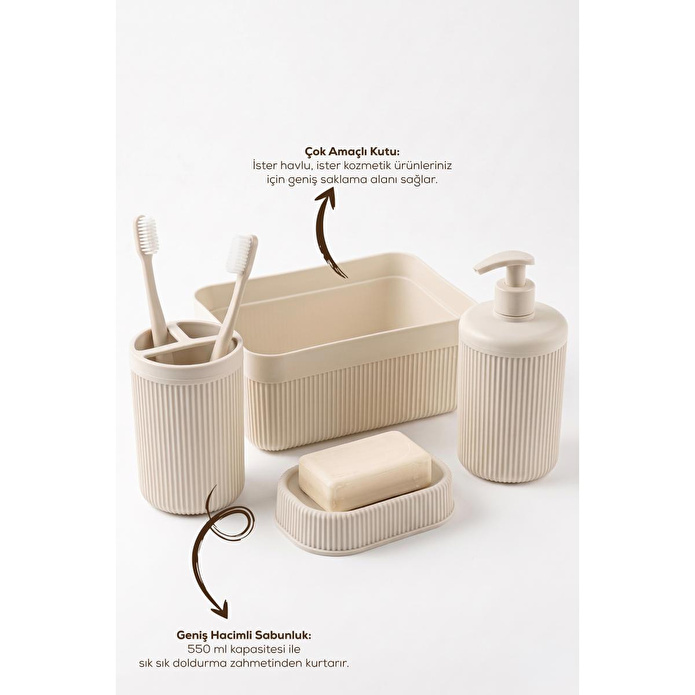 Vienev 4'lü Banyo Seti 550ml Krem - Sıvı Sabunluk, Diş Fırçalık Ve Çok Amaçlı Düzenleyici Organizer