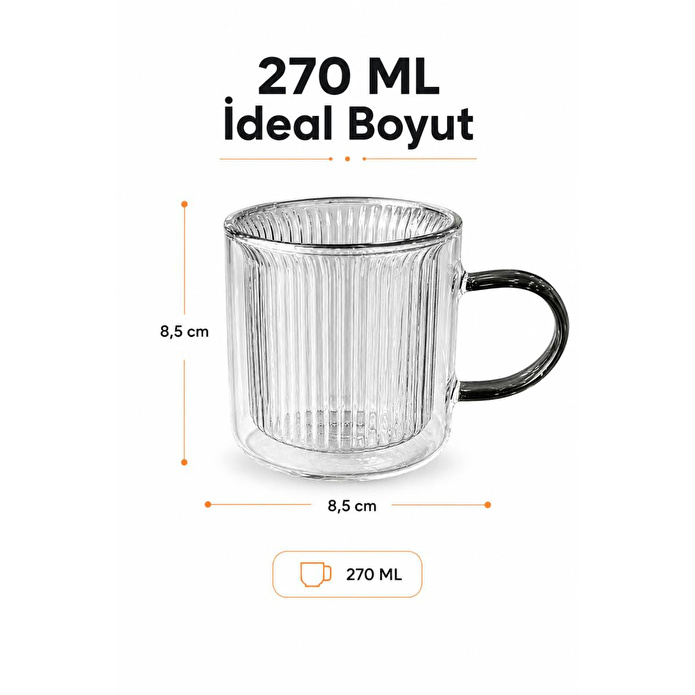 Vienev 270 Ml Çift Cidarlı Borosilikat Cam Kupa - Isıya Dayanıklı Kulplu Bardak