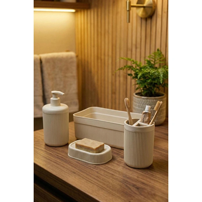 Vienev 4'lü Banyo Seti 550 Ml Bej - Sıvı Sabunluk, Diş Fırçalık Ve Çok Amaçlı Düzenleyici Organizer