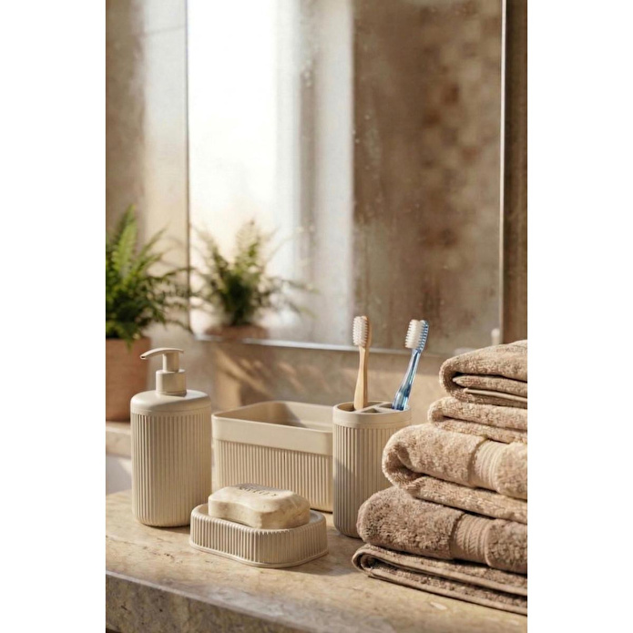 Vienev 4'lü Banyo Seti 550 Ml Bej - Sıvı Sabunluk, Diş Fırçalık Ve Çok Amaçlı Düzenleyici Organizer