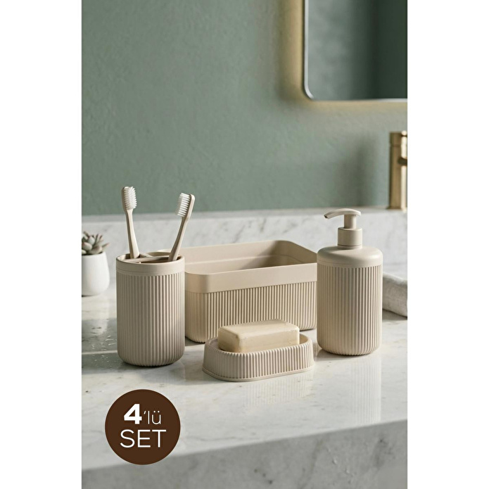 Vienev 4'lü Banyo Seti 550 Ml Bej - Sıvı Sabunluk, Diş Fırçalık Ve Çok Amaçlı Düzenleyici Organizer