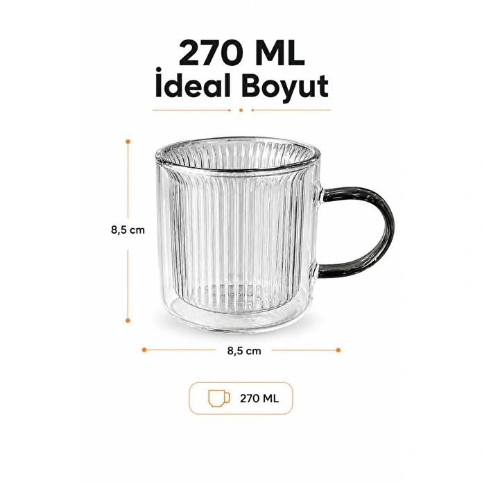 Vienev 2'li 270 Ml Çift Cidarlı Borosilikat Cam Kupa - Isıya Dayanıklı Kulplu Bardak