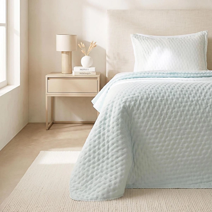 Ocean Home Textile Pamuklu Kapitoneli Açık Mavi Renk Çizgi Desen Tek Kişilik Yatak Örtüsü Seti 1 Adet 180 X 230 / 1 Adet 50 X 70 C