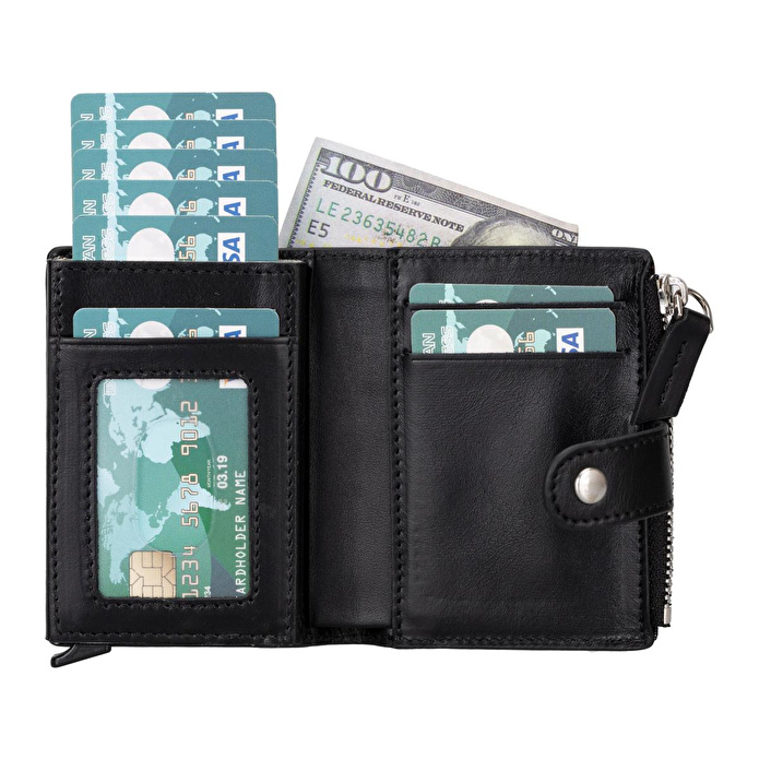 Bloominbag Siena Noir Black Mekanizmalı Deri Cüzdan & Kartlık (rfid Korumalı)